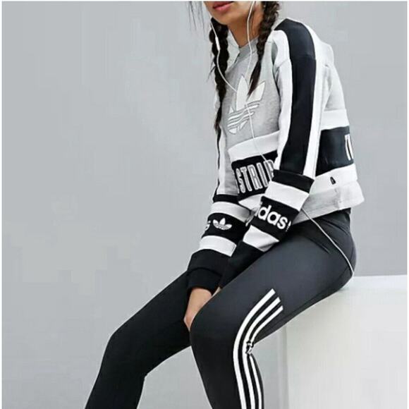 Adidas Originals 80s Moto Cropped Sweatshirt Three Stripes Crewneck S Logo NEW - Picture 3 of 8